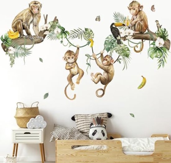 Foto: Wilde aap klimmende boom muurstickers jungle dieren wijnstok bladeren muurtattoo babykinderkamer kinder woonkamer slaapkamer wanddecoratie