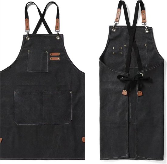 Rainbecom - Schort - Keukenschort - Barbecueschorten - BBQ Jeansschort - Kookschort - Werk schort Verstelbaar - Barbecue Accessoires Schort Mannen & Vrouwen - 3 zakken - 75x65 cm - Zwart - Katoenen Canvas