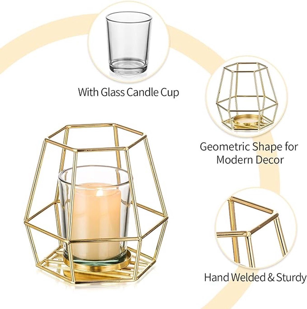 Geometrische gouden theelichthouder, kandelaar, metaal, set van 2 stompkandelaars met votiefglas, theelichtjes, modern, geo-decoratie voor tafeldecoratie, party, woonkamer, bruiloft