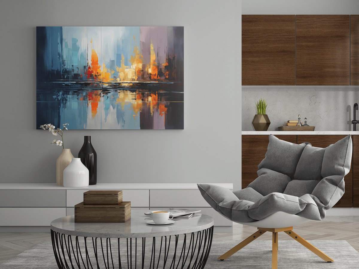 Trendex Global Canvas Schilderij - Abstracte Stad - Kunst - Wanddecoratie - 120x80x2 cm Blauw