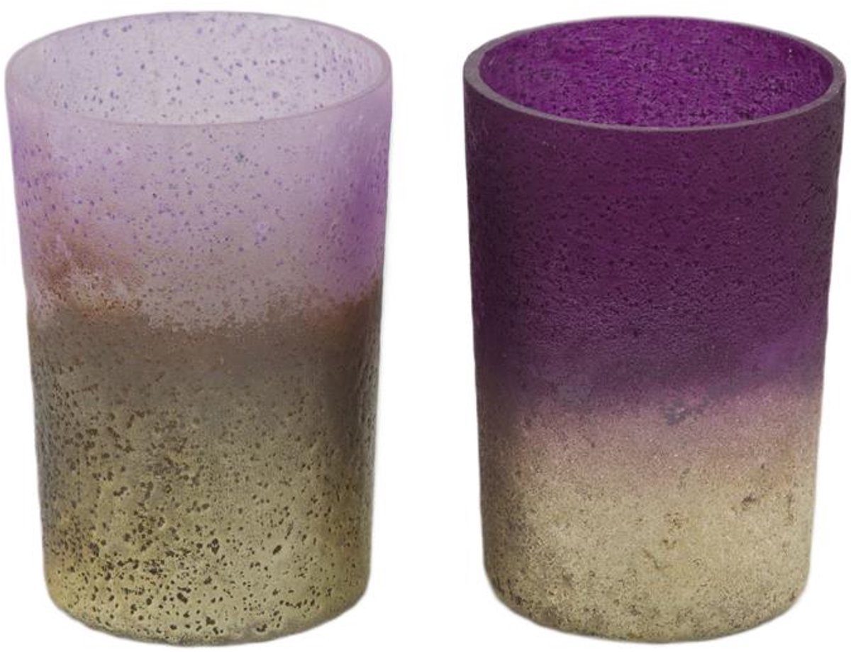 Theelichthouder glas 6x6x8cm paars