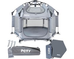 PETY boxset voor honden - 150 x 100cm / 110 x 80cm mobiele hondentent met draagtas, UV-dak en vloermat - dierenverblijf voor binnen en buiten - reisaccessoires voor honden op de camping - antraciet
