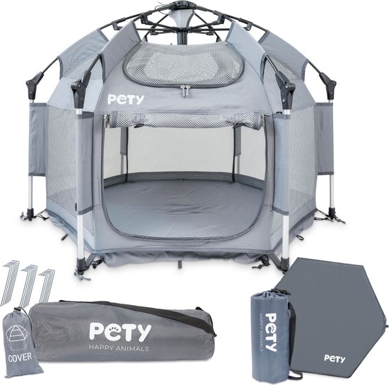 PETY boxset voor honden - 150 x 100cm / 110 x 80cm mobiele hondentent met draagtas, UV-dak en vloermat - dierenverblijf voor binnen en buiten - reisaccessoires voor honden op de camping - antraciet