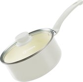 COOCK Steelpan met deksel Inductie - 2500ml - Speciale Anti-Aanbak Coating - Ergonomische Koudgrepen - Gerecycled Aluminium - Wit - Inclusief E-book