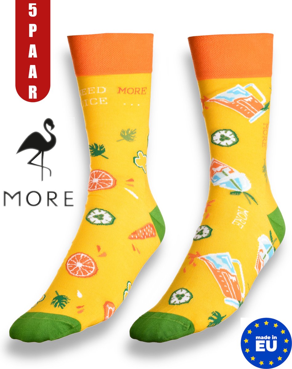 More Fashion - Dames Sokken Maat - 35 36 37 38 - 5-Pack - Leuk Asymmetrisch Print - Kleurrijk - Geel Juice - MADE IN EU