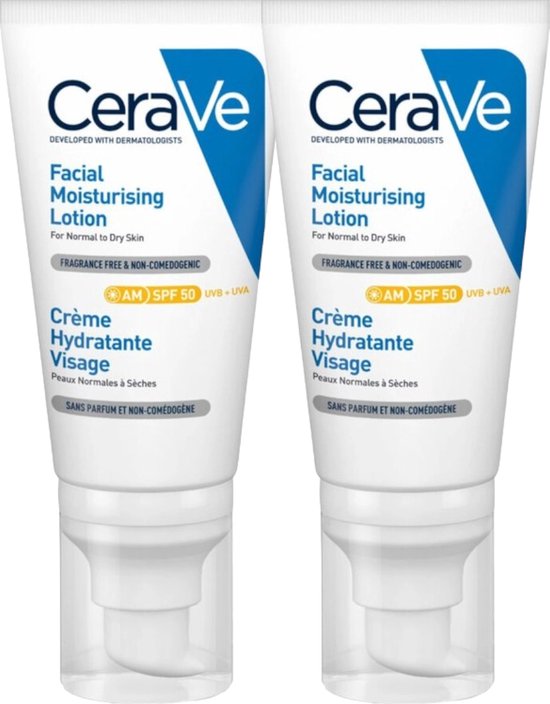 CeraVe Hydraterende Gezichtscrème SPF50 - Duo Pack - voor Normale tot Droge Huid - 2 x 52ml
