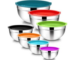 Mengkom 7-delige set - gepolijst roestvrij staal - luchtdicht deksel - koken bakken serveren - stapelbaar - gezond - 65 45 27 25 15 12 07 l - kleurrijk - Homikit