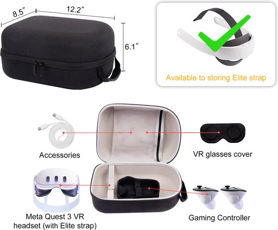 Zwarte draagtas voor Meta Quest 3 VR-headset met accessoires, zoals de Elite-strap, controllers en VR-brilhoes.