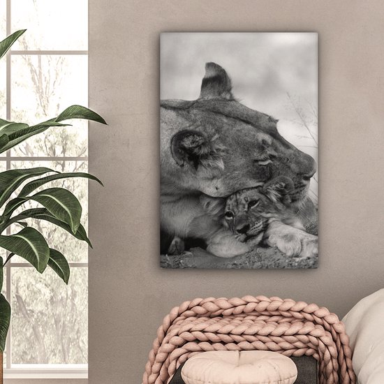 Tableau sur toile Lionne - Lionceau - Zwart - 60x90 cm - Décoration murale