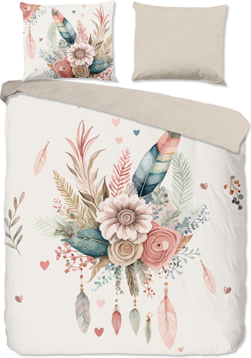 Good Morning dekbedovertrek bloemen en veren - Lits jumeaux 240x200/220 cm - Ecru - 100% Katoen renforce