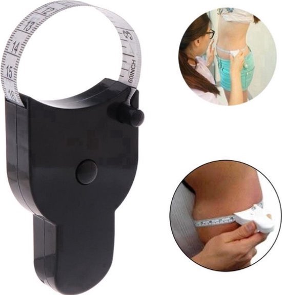 Foto: Omtrekmeter i body mass tape i vetpercentagemeter i omvang meetlint i meetlint lichaam i 60 inch 150 cm i zwart