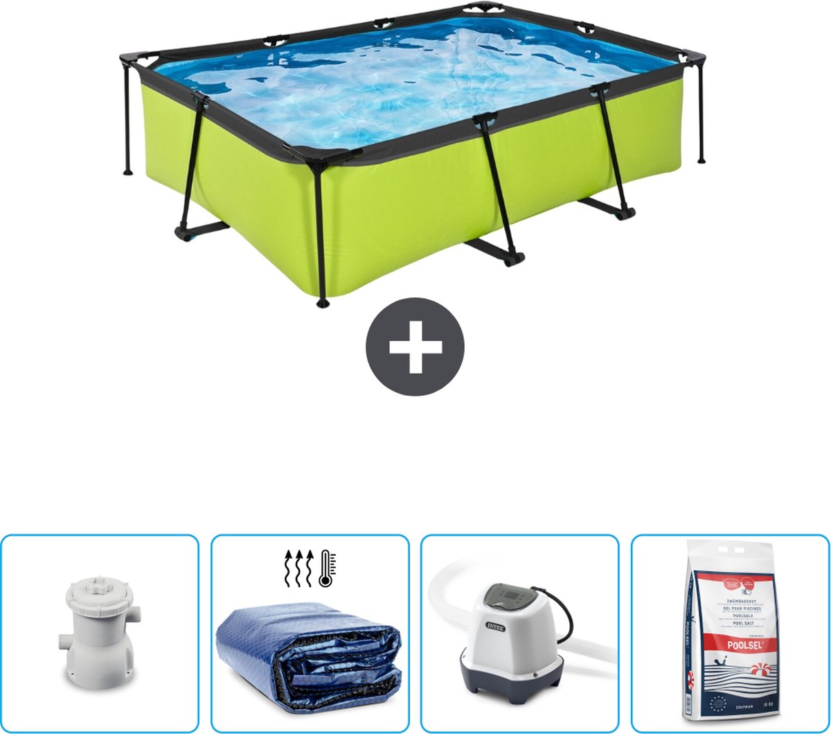 EXIT Rechthoekig Lime Frame Zwembad - 220 x 150 x 65 cm - Inclusief Pomp Solarzeil - Zoutwatersysteem - Zwembadzout - Nu extra voordelig
