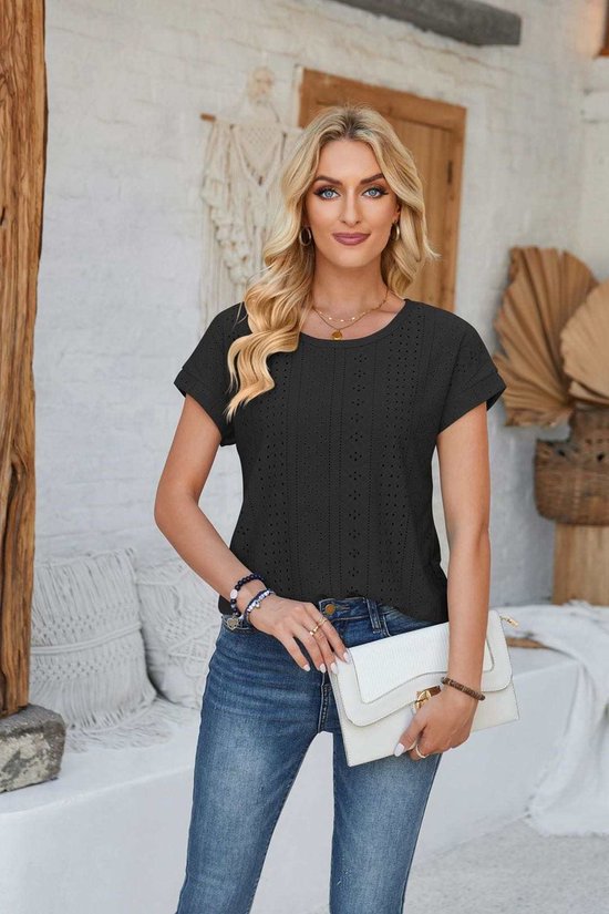 ASTRADAVI Damesmode - Top - Mooie Uitgeholde Jacquard Shirt - Zwart / Medium