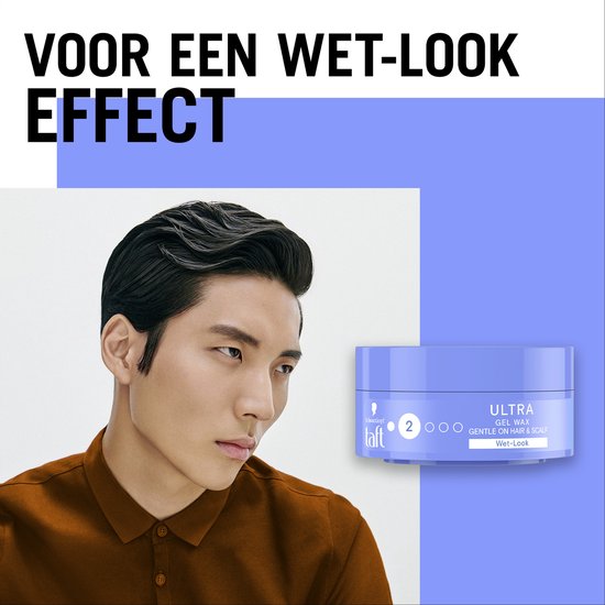Man met glanzend, nat-look kapsel naast een blauwe pot Taft Ultra Gel Wax.