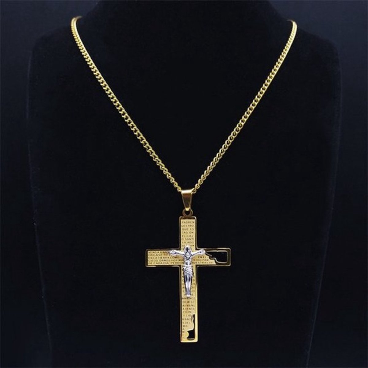 Donley Cubaanse Kruis Ketting Heren - Gouden Jezus Ketting met Heilige Tekst - Holy Cross Cubaanse Schakelketting - Christelijke Sieraden - Cadeau