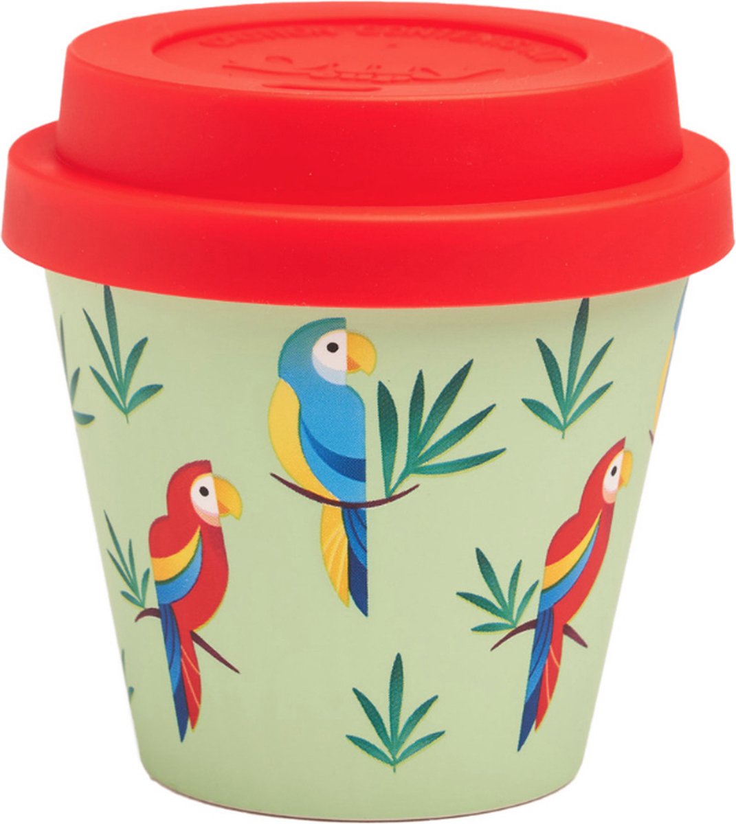 Quy Cup - 90ml Ecologische Reis Beker - Espressobeker “Papegaai” met rood Siliconen deksel 7x7x7cm