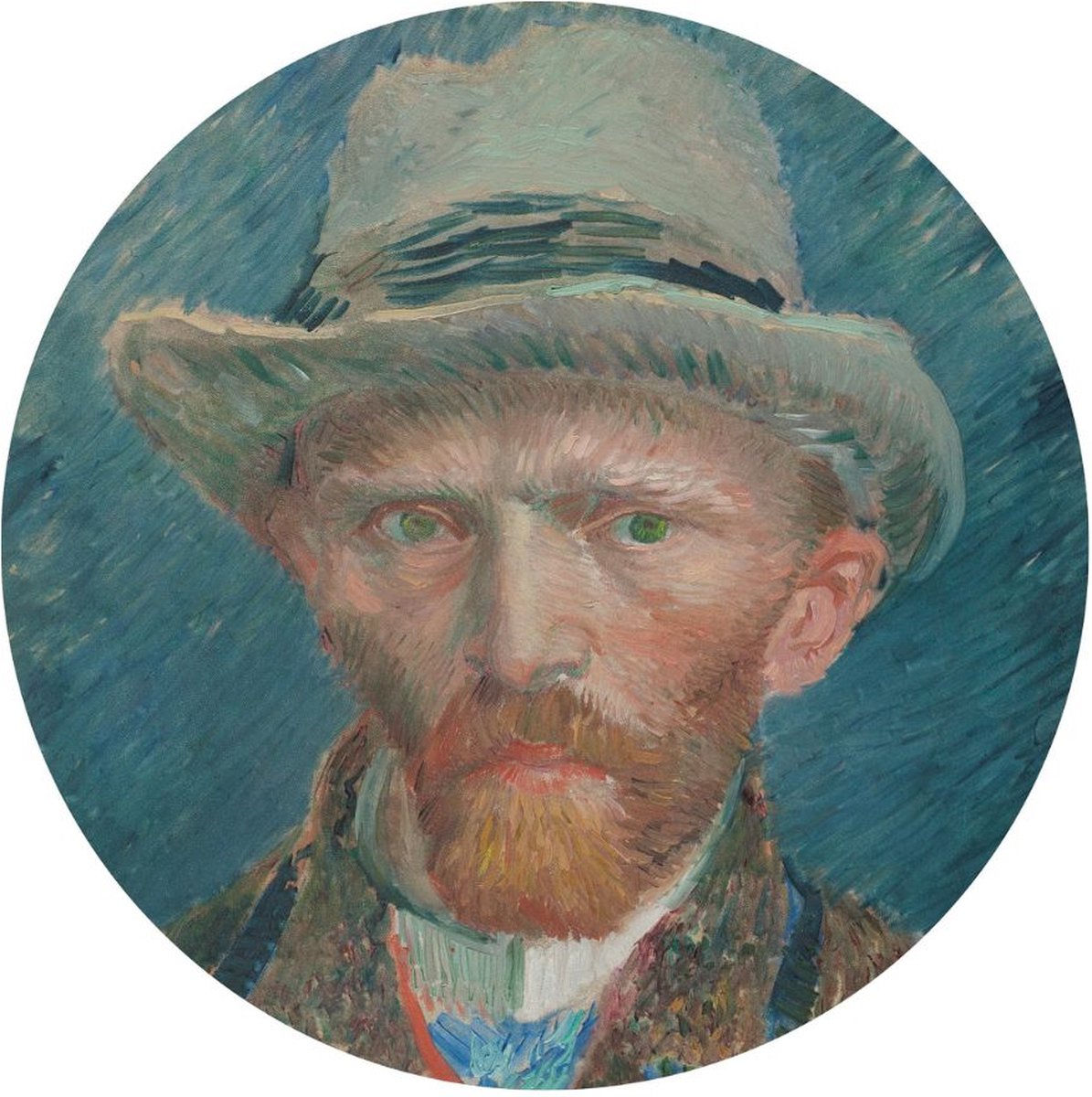 Myfinto Indoorart - Muurcirkel Zelfportret Vincent van Gogh Forex 30 cm - Wanddecoratie - Afbeelding op Forex - Inclusief ophangplaat blauw, wit, bruin, grijs