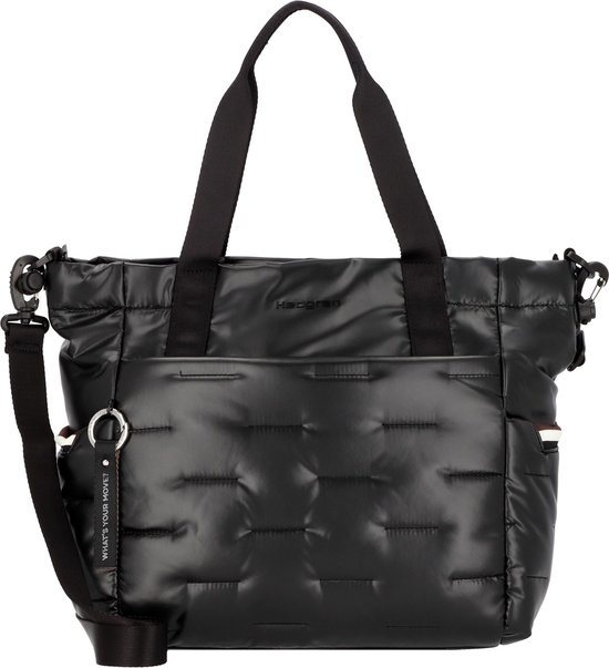 Zwarte Hedgren shopper met gewatteerd design, een voorvak en een afneembare schouderband met tekst 'WHAT'S YOUR MOVE?'.