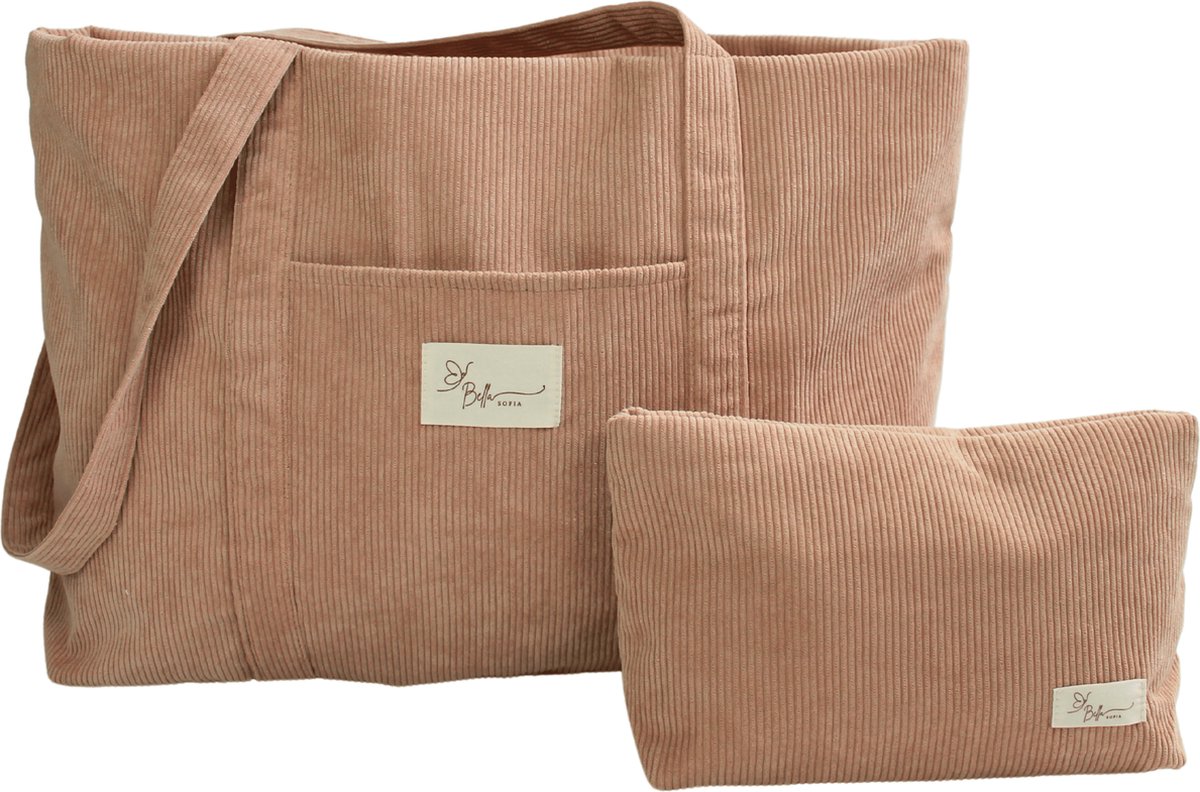 Bella Sofia Dames Schoudertas - Beige Ribstof Mom Bag met Toilettas - Veelzijdige Shopper en Luiertas met Rits