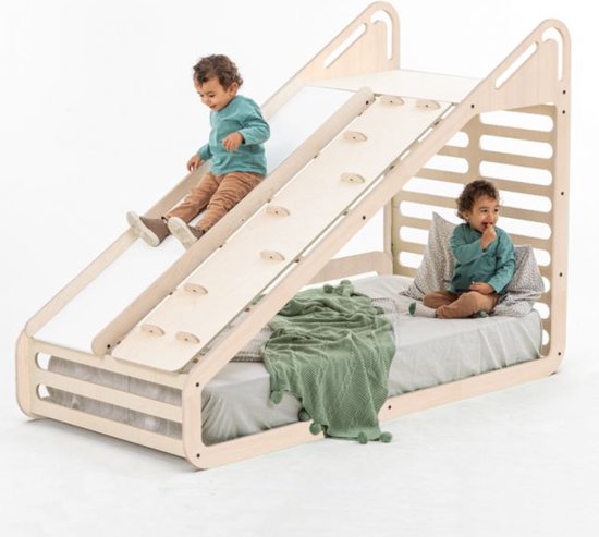Mamatoyz Montessori bed inclusief Glijbaan + Klimwand - Naturel 90x190 cm