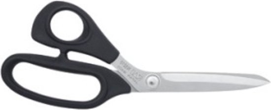 Zwarte schaar met metalen lemmet, ergonomisch handvat.