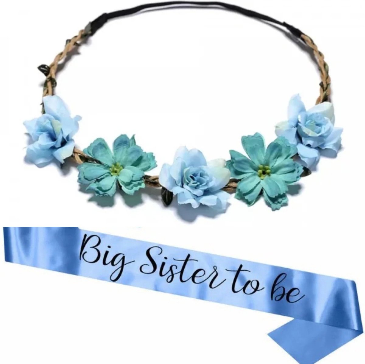 Sweet-One Haarband en sjerp Big Sister to Be blauw genderreveal babyshower grote zus big sister blauw bloemenband