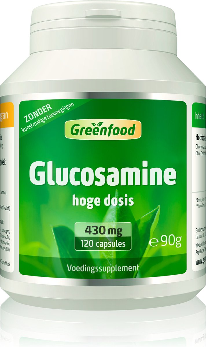 Goedkoopste Greenfood Glucosamine, 430 mg, 120 capsules, hoog gedoseerd - Zonder kunstmatige toevoegingen. Zonder genetische manipulatie (niet-GGO).