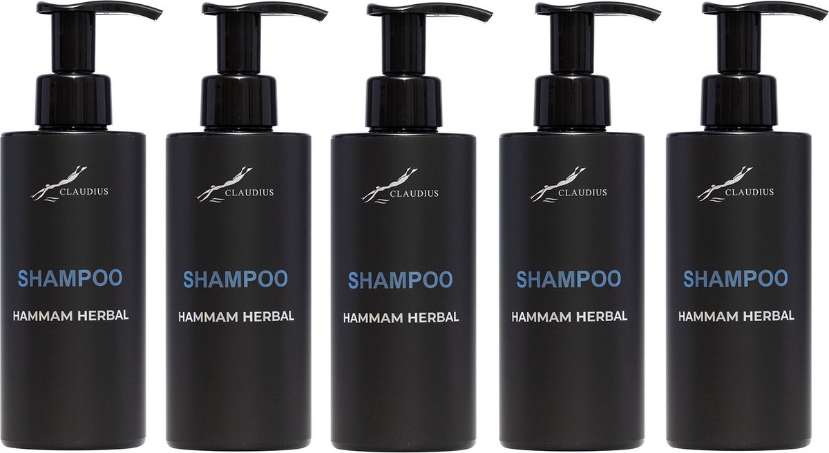 Shampoo Hammam Herbal 300 ml - met pomp - zwarte fles - set van 5 stuks - voordeelverpakking - haarverzorging