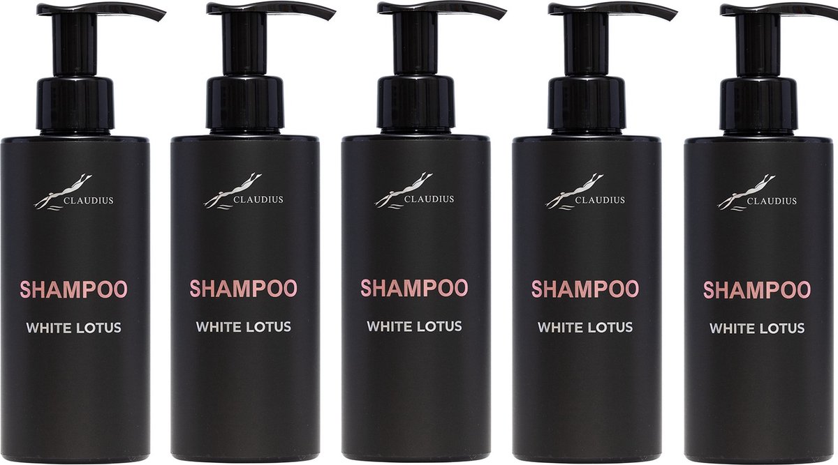 Shampoo White Lotus 300 ml - met pomp - zwarte fles - set van 5 stuks - voordeelverpakking - haarverzorging