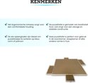 Puzzelbord met uitgetrokken lade, met tekst over kenmerken zoals ergonomisch ontwerp en houten constructie.