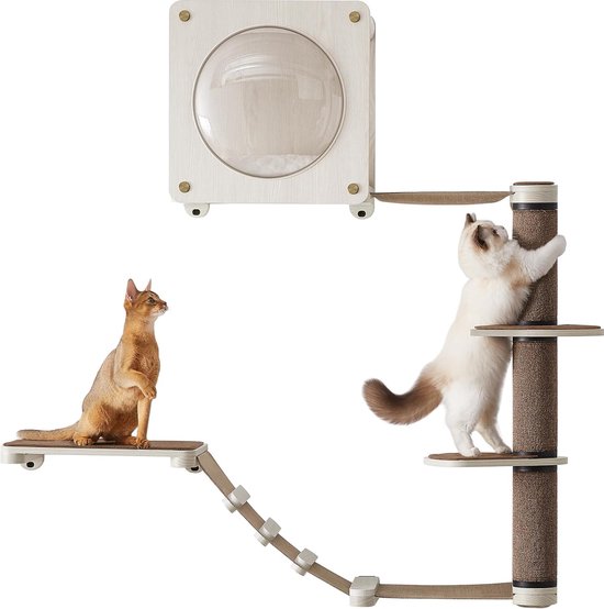 Foto: Kattenboom met houten look krabpaal met huisje hangmat transparante space dome modern design 9mm mdf beige