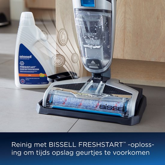 BISSELL Crosswave C3 Select stofzuiger met dweil en een fles BISSELL FRESHSTART reinigingsoplossing.