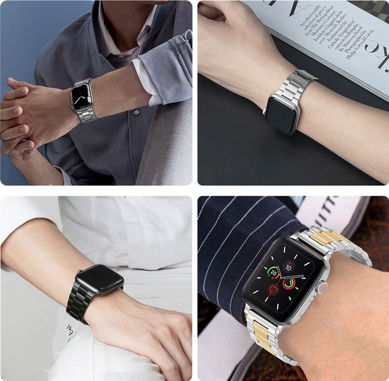 Zilverkleurig metalen bandje om een Apple Watch op een pols. Vier verschillende voorbeelden.