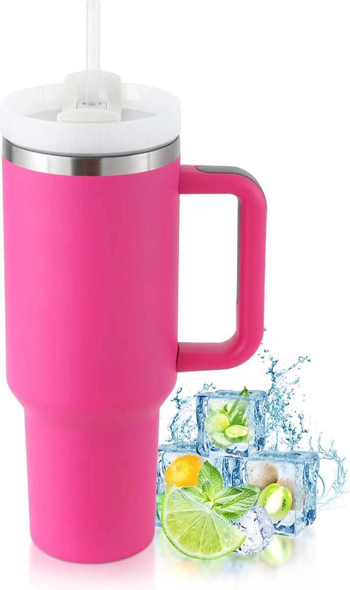 Goedkoopste Thermobeker met rietje en handvat, opgewaardeerd, dubbelwandig, roestvrij staal, voor warme en koude dranken, koffiebeker voor thuis, warm roze
