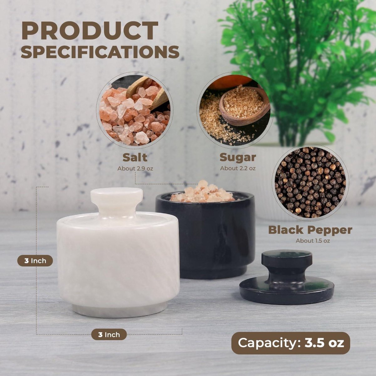 Ensemble De 2 Salières En Marbre Noir Naturel - Hauteur 8.9 Cm (3.5") - Pour Sel, Poivre Ou Sucre - Décoration De Cuisine Élégante