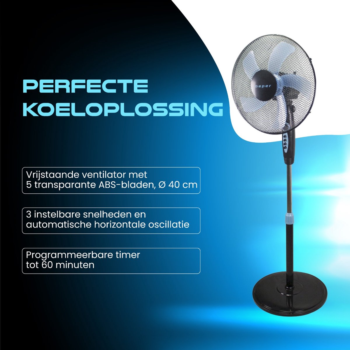 BEPER P206VEN132 Staande Ventilator, Ventilator met 5 bladen, Programmeerbare timer, Instelbare hoogte tot 130 cm, Wit