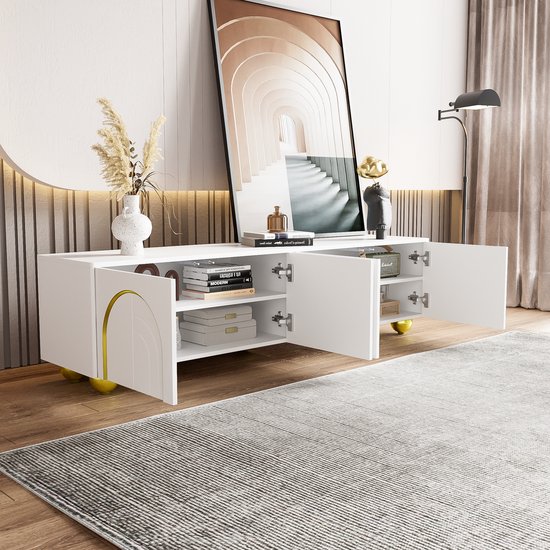 Hoogglans Wit Dressoir - Dressoir Met 1 Deur En 6 Open Opbergvakken Glazen Planken En Deuren