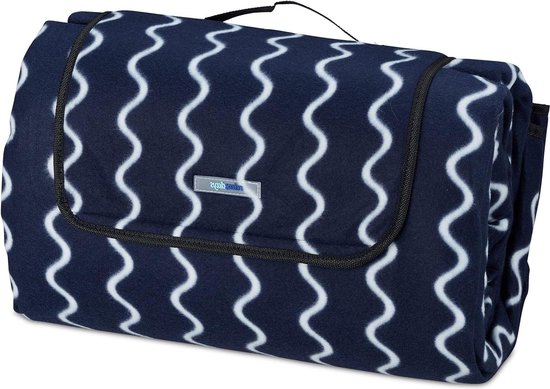 Relaxdays XXL picknickkleed, 200 x 300 cm, isolerend, waterdicht, fleece picknickdeken, geruit, met handgreep, blauw-wit