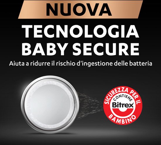 Duracell batterij met 'Baby Secure Technologie' en 'Bitrex', om inslikken te ontmoedigen.