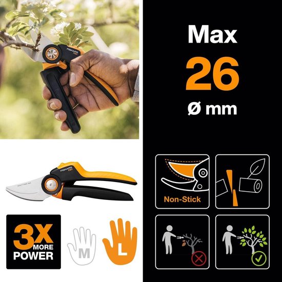 X-Series PowerGear P961 bypass snoeischaar - roterende handgreep - jonge takken twijgen - antikleeflaag - roestvrijstalen bladen - lengte 222 cm - zwart oranje 1057175 van Fiskars — afbeelding 2