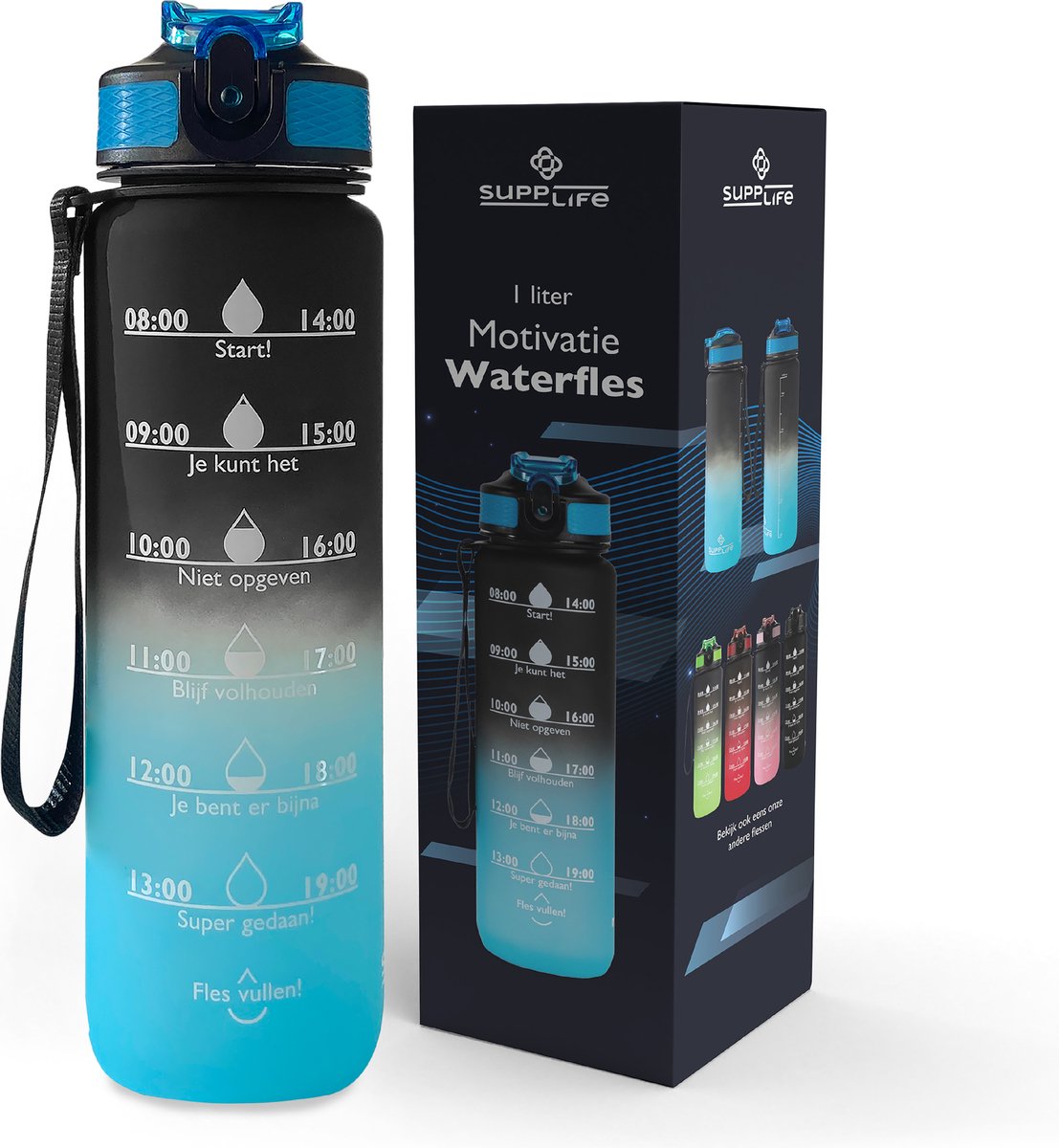 Motivv Nederlandse Motivatie Waterfles - 1 Liter - Nederlandse Tekst - Drinkfles - Waterfles met Tijdmarkeringen - Fitness & Crossfit - Inclusief Schoonmaakborsteltje - Onyx Aqua