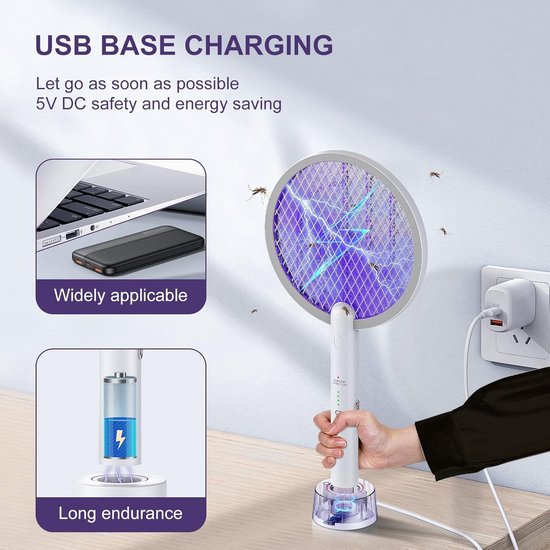 DANGZW Elektrische Vliegenmepper 3000V Extra Sterke, 2 in 1 USB Elektrische Fly Zapper met UV Lichtval Elektrische Vliegenvanger Insectendoder voor Muggen, Vliegen, Bijen, Motten