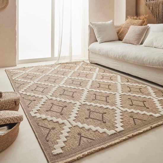 Tapis moderne aspect jute mélangé style bohème coloris naturel 60 x 180 cm