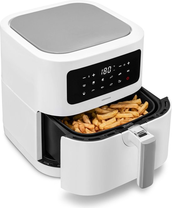 Foto: Medion e40 airfryer xl heteluchtfriteuse xxl frituurmand 5 3 liter hetelucht oven 2 150 watt 9 automatische programma s bakfunctie led display wit