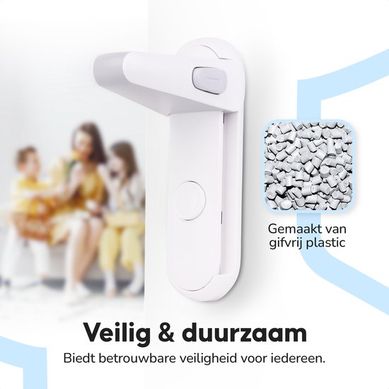 Wit en grijs Heimdall deurslot. Achtergrond met twee kinderen. Kadertje met "Gemaakt van gifvrij plastic".