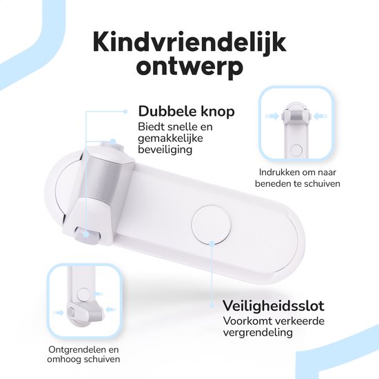 Wit en grijs Heimdall deurslot met "Dubbele knop" en "Veiligheidssluiting" labels.