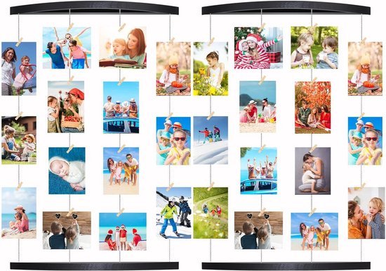 Foto: Familiefotolijstcollage fotolijstcollage van houten fotolijst met 36 clips houten clips voor foto s afdrukken kunstkaarten memo zwart 