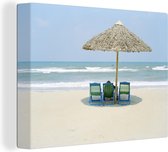 Un parasol en paille sur une plage 40x30 cm - petit - Tirage photo sur toile (décoration murale salon / chambre) / Mer et plage