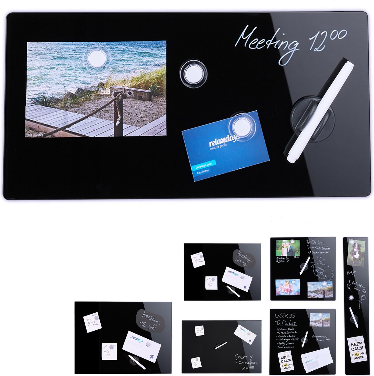 Relaxdays glassboard zwart - memobord - magneetbord - magnetisch prikbord - beschrijfbaar - 20 x 40 cm - Relaxdays