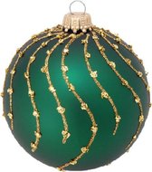 Chique Groene Kerstballen met Gouden Strepen - set van 3 stuks - met de hand gedecoreerd